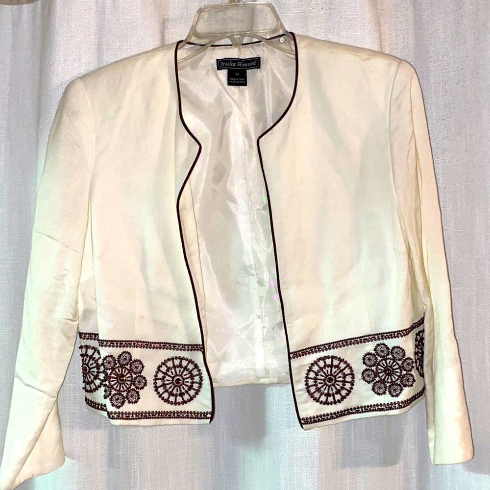 Jessica Howard, lined, linen blend, beaded jacket